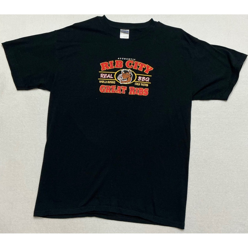Rib City BBQ T Shirt Mens Large Black Gildan Ultra Cotton Double Sided Graphic